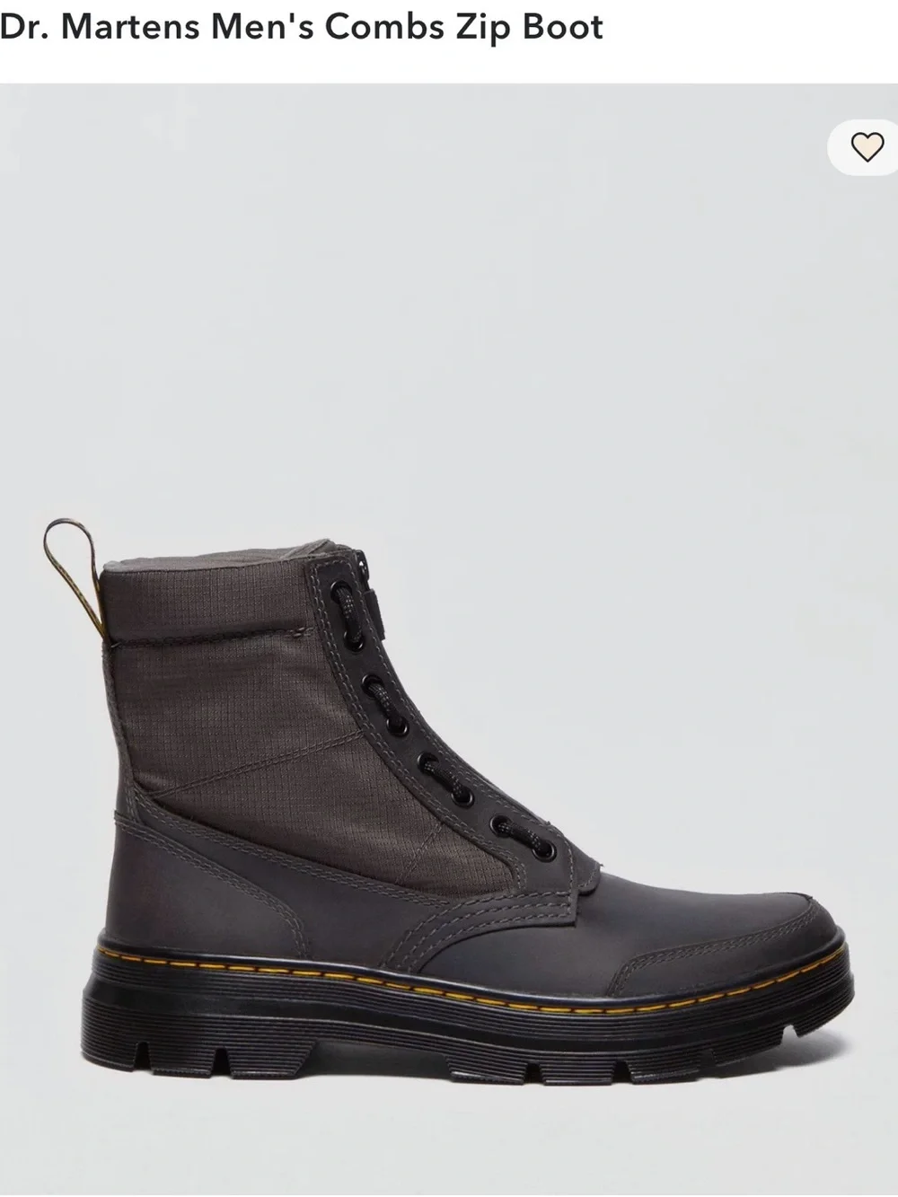 Dr. Martens Men's Combs Zip Boot in Gray with Yellow Stitching